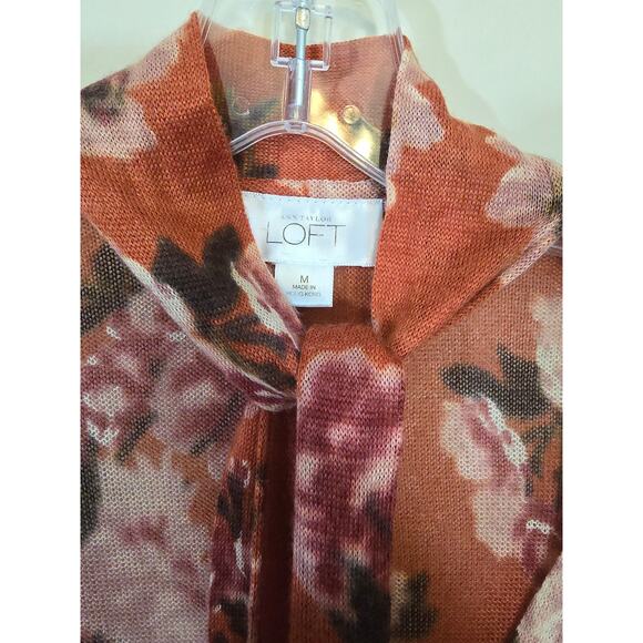 Ann Taylor Loft Floral Tie Neck Button Up Cardigan Sweater Multicolor SZ Medium - Picture 3 of 8